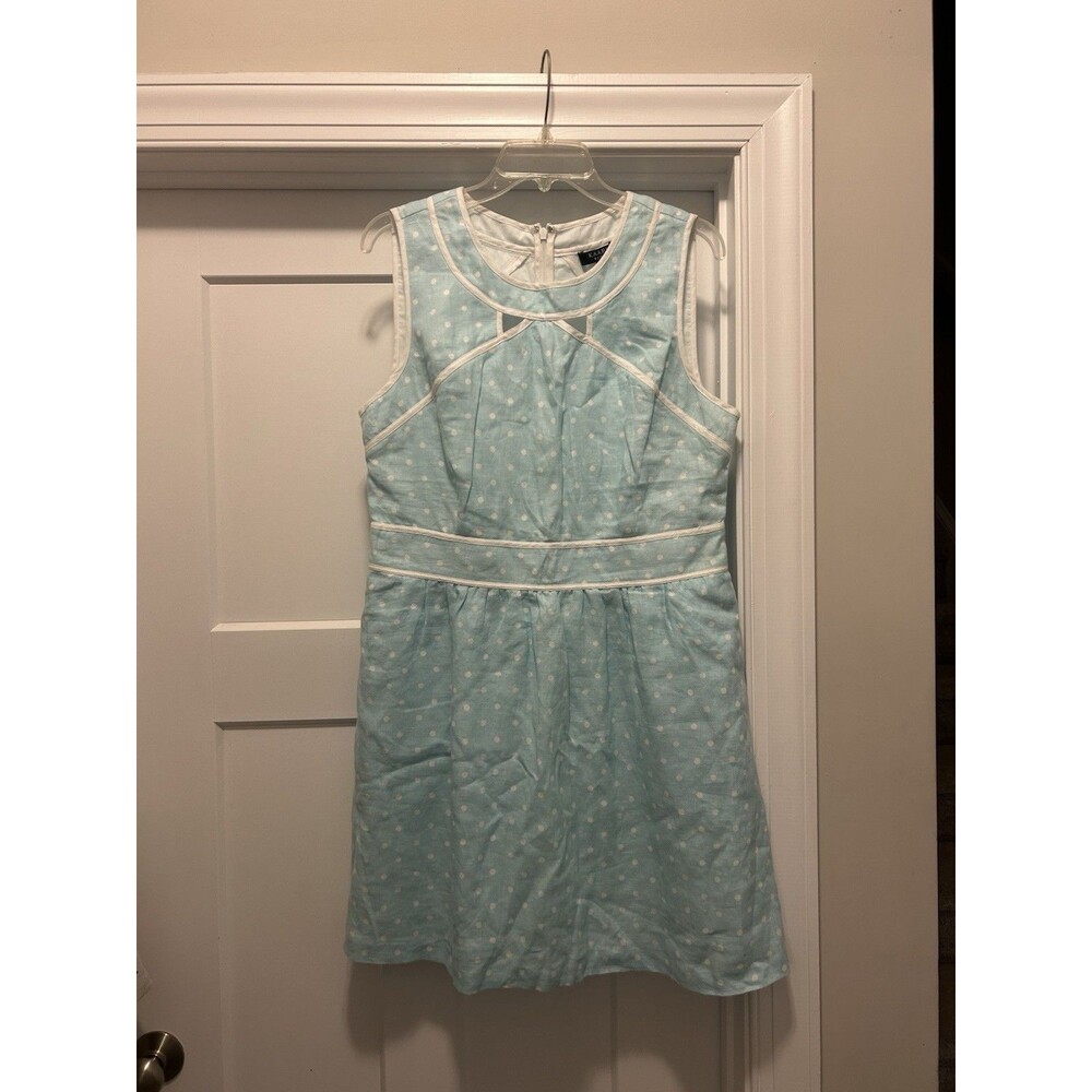 Kaari Blue Women’s Size 16 Blue Polka Dot Linen Sheath Dress Sleeveless Lined